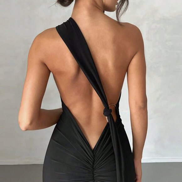 Black Sexy Women's Ring Linked Ruched Backless Dress - Picture 2 of 4